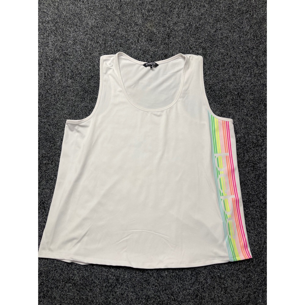Bebe Sport Womens White Rainbow Stripe Logo Tank Top Plus Size 1X Activewear